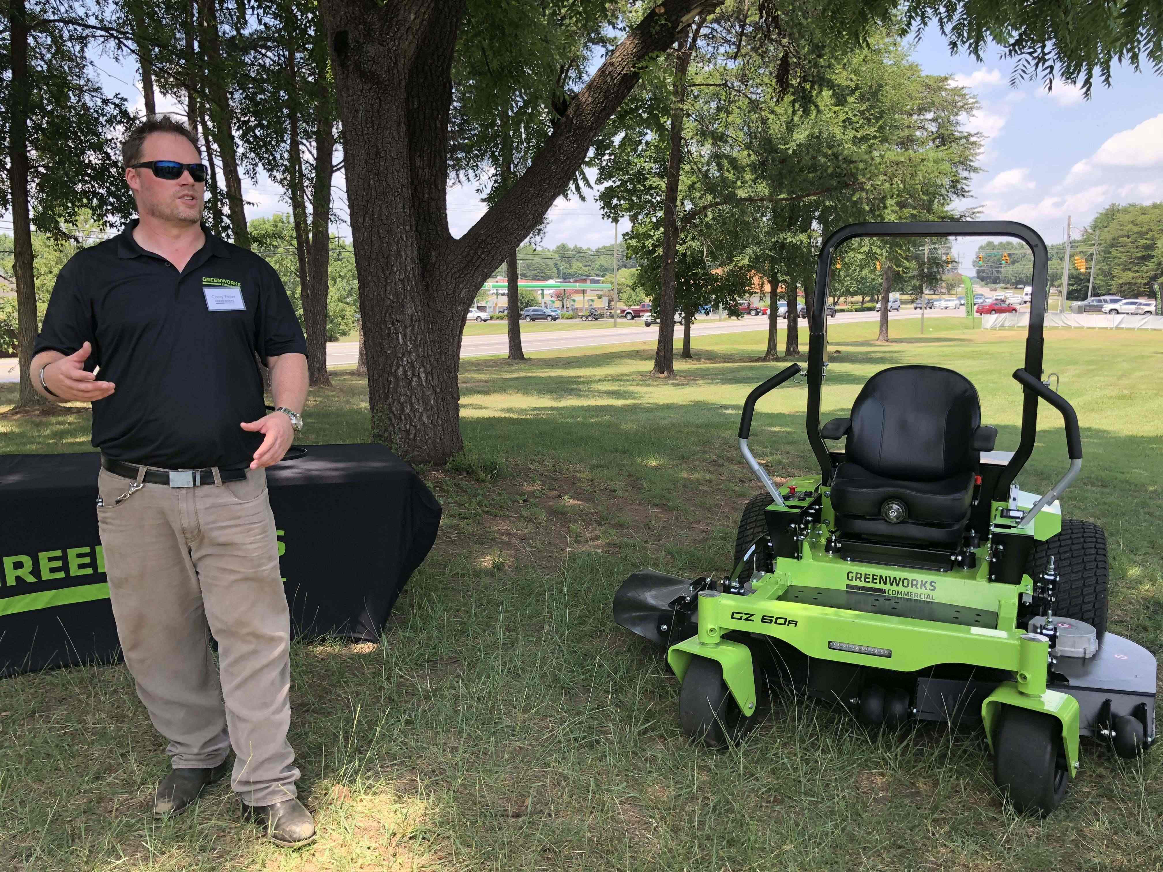 Corey Fisher with Greenworks battery-powered zero-turn mower